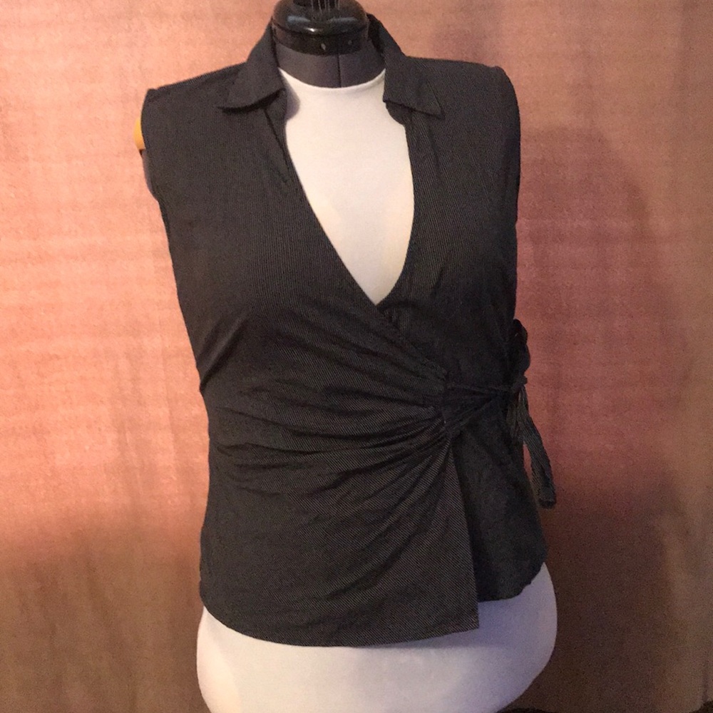 Women L, black pinstriped, sleeveless wrap shirt